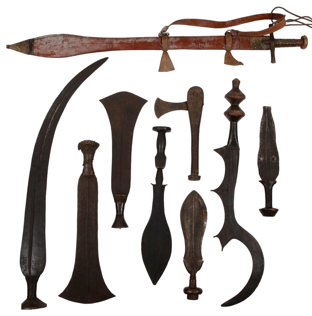 Collection of 9 African swords and knives.: Collection of 9 African swords and knives. Circa 19th/20th century. Many originating from central African (Congo), including a Ngombe Ngulu execution sword; a Ngbandi slaver's sword; a Sudanese