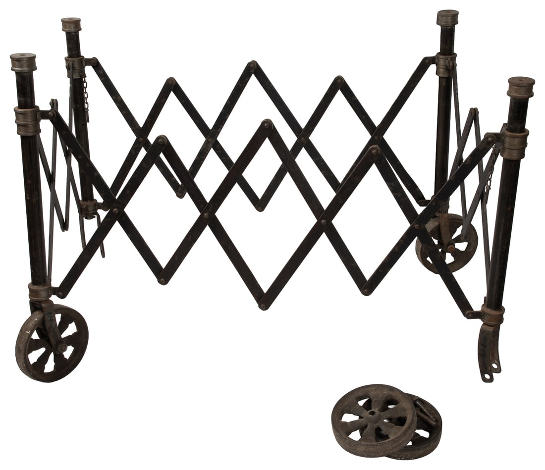 Metal Casket Stand.: Metal Casket Stand. Accordion-style foldable casket stand on wheels. Height: 30".
