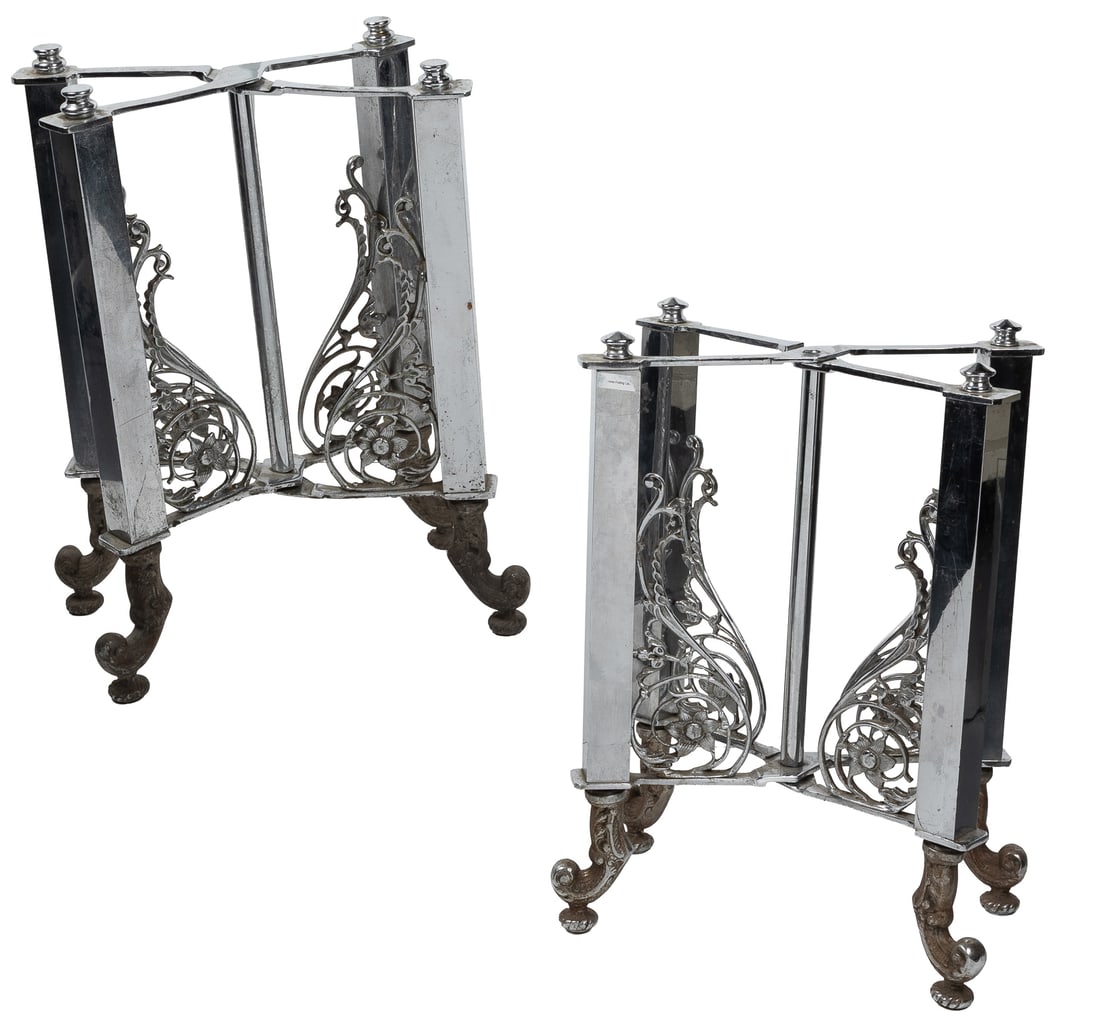 Pair of Chrome Folding Casket Stands.: Pair of Chrome Folding Casket Stands. Featuring ornate scroll details and claw feet. Unfolded: 21 1/2 x 13 1/2 x 11 1/4". Folded: 21 1/2 x 16 x 3 1/4". Third-party transportation required.