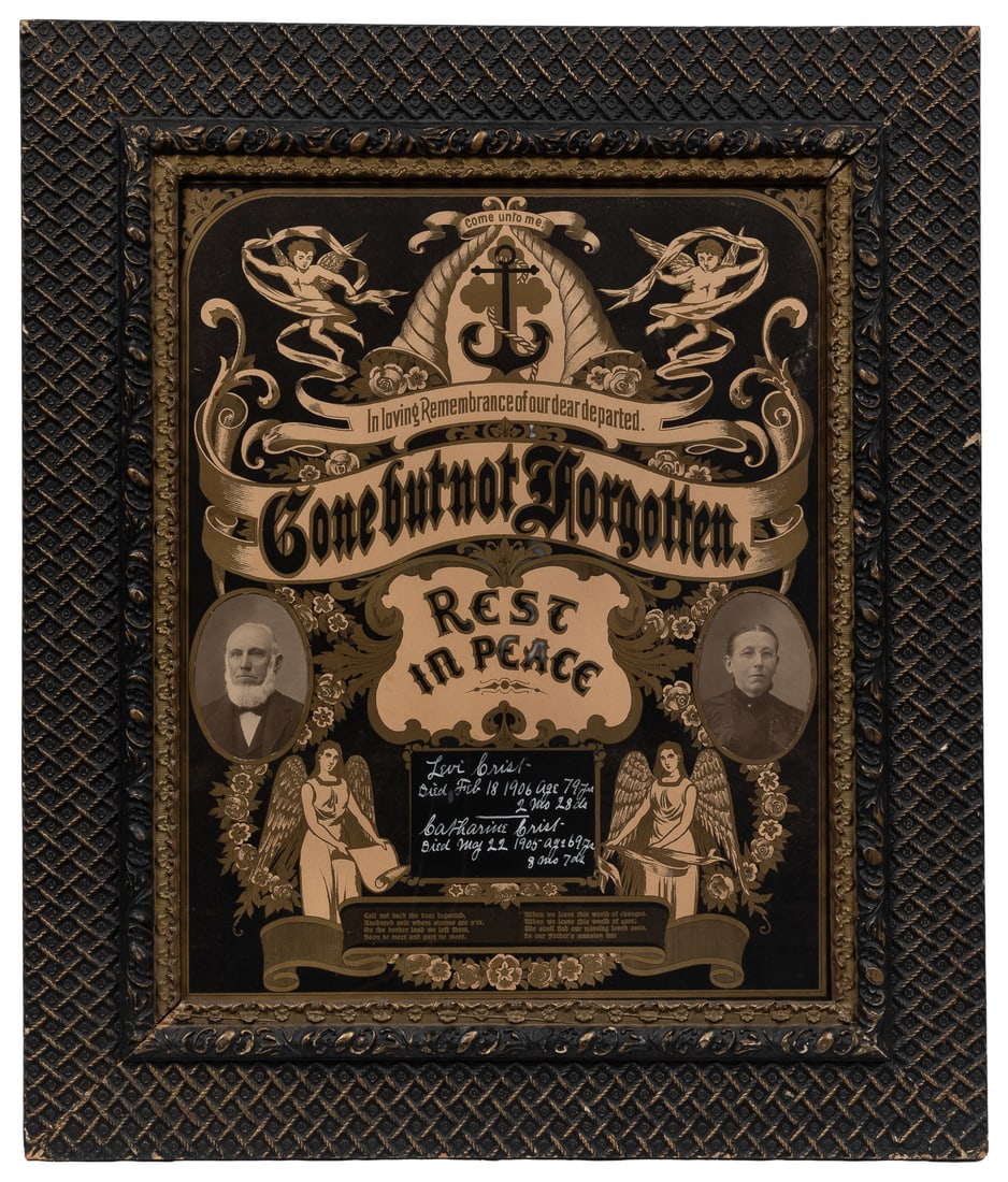 [FUNERALIA]. Framed Memorial Lithograph. Circa 1906.: [FUNERALIA]. Framed Memorial Lithograph. Circa 1906. Personalized for Levi Crist (d. February 18, 1906, aged 79 years, 2 months, 28 days) and Catherine Crist (d. May 22, 1905, aged 69 years, 8