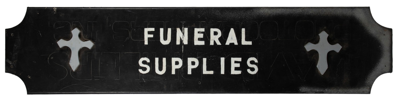 Funeral Supplies Sign.: Funeral Supplies Sign. Hand-painted wooden sign with 2 wooden crosses affixed. Seems to be painted over another sign; "David Phillips Photographers, Inc." is readable underneath the paint. 26 1/4 x