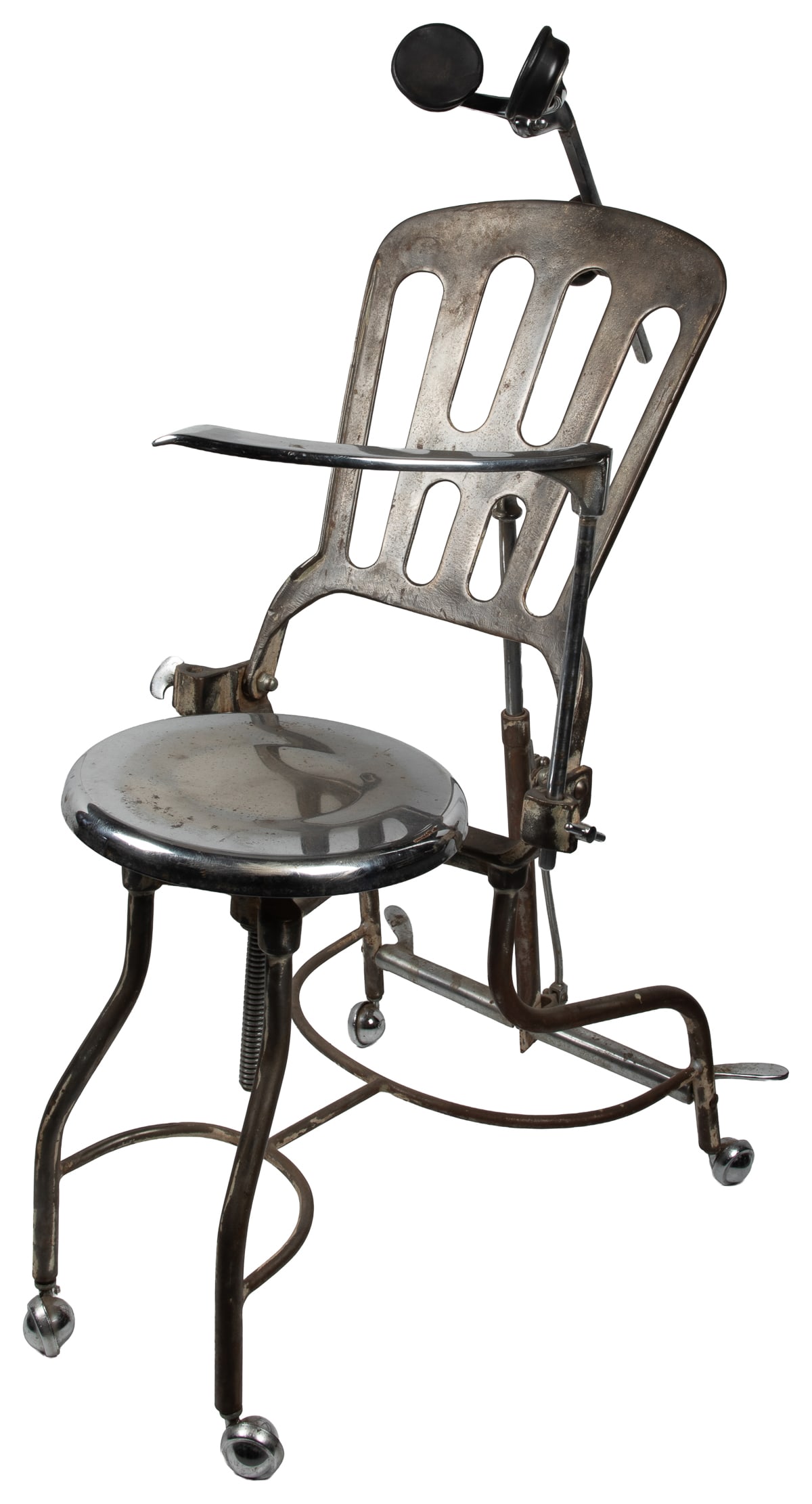 Metal Dentist Chair. Circa 1900s.: Metal Dentist Chair. Circa 1900s. Adjustable and in working condition. However, is missing right arm. Height approximately: 46". Customer pickup or third-party shipping required.