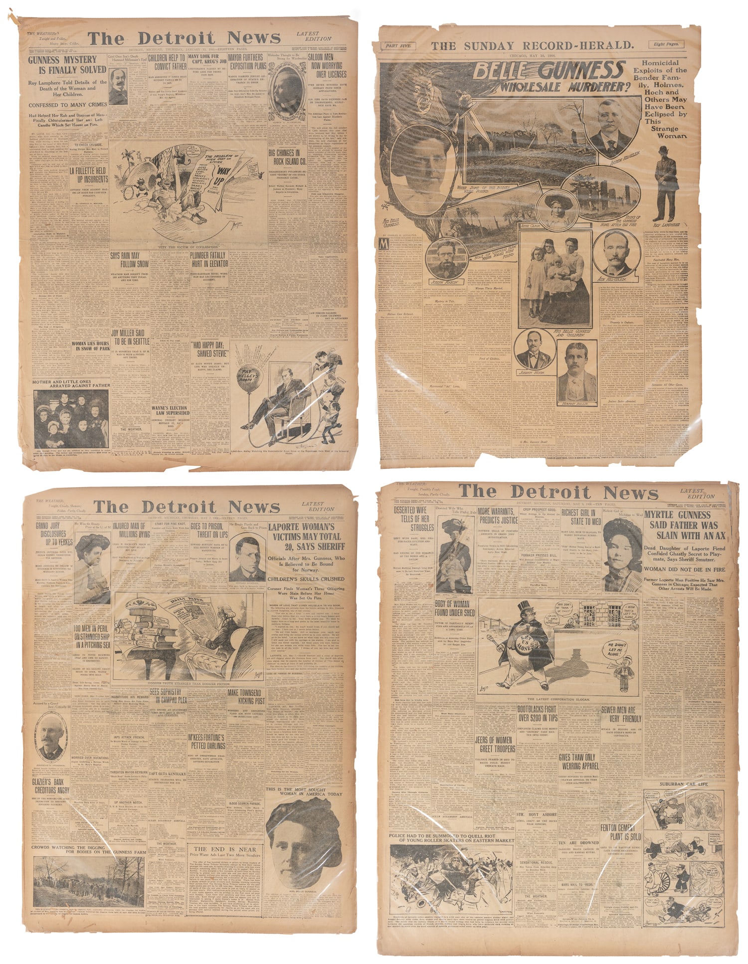 [GUNNESS, Belle (1859 - 1908?)]. Eight newspapers reporting on the Gunness murder case. (1 of 5)