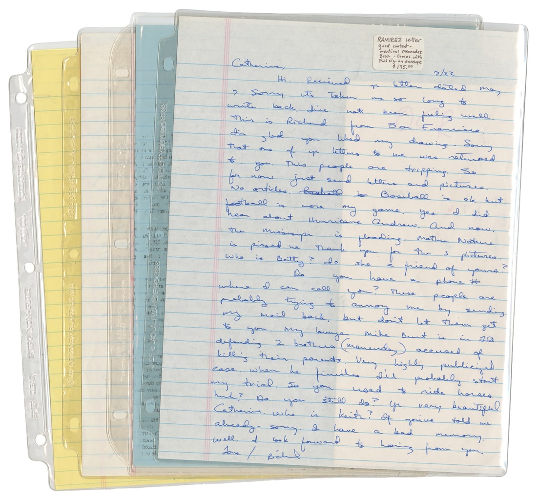 [TRUE CRIME - NIGHT STALKER]. Four Letters from Richard Ramirez. San Francisco County Jail, 1993.: [TRUE CRIME - NIGHT STALKER]. Four Letters from Richard Ramirez. San Francisco County Jail, 1993. Each letter SIGNED and addressed to "Catherine." One letter includes an envelope with Ramirez's signat