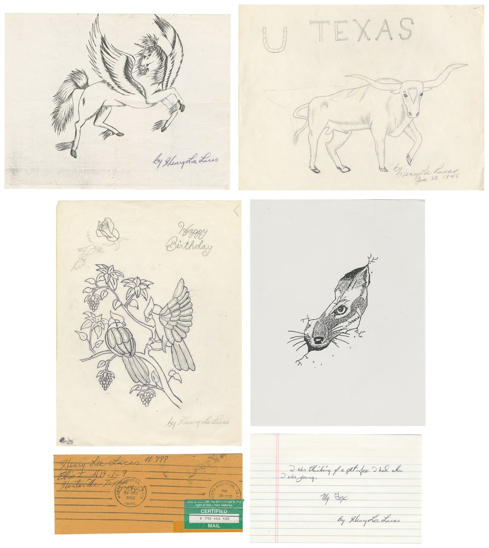 [TRUE CRIME - PRISON ART]. Henry Lee Lucas Sketches.: [TRUE CRIME - PRISON ART]. Henry Lee Lucas Sketches. Four artworks by the convicted murderer and false confessor: 2 original pen-and-ink drawings (Texas and birds) and two copies of his original works