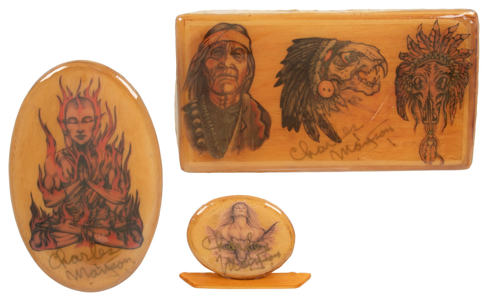 [PRISON ART]. MANSON, Charles (1934-2017). Three Signed Charles Manson Collaged Plaques. 1994. (1 of 3)