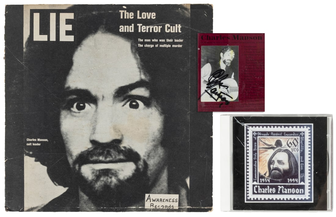 MANSON, Charles (1934-2017). Pair of Manson Albums: Lie: The Love and Terror Cult & Commemoration: MANSON, Charles (1934-2017). Pair of Manson Albums: Lie: The Love and Terror Cult & Commemoration [SIGNED]. Late 20th century. Includes: Lie: The Love and Terror Cult. Awareness Records: Los Angeles, 