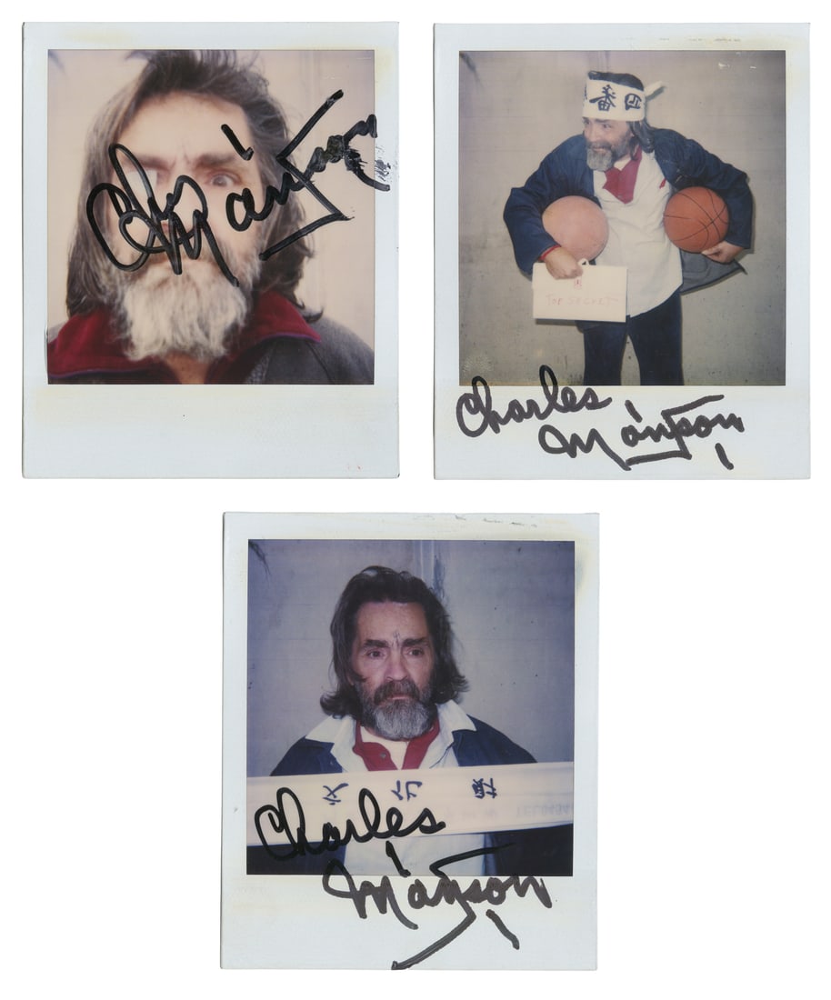 MANSON, Charles (1934-2017). Charles Manson Signed Polaroid Trio. Corcoran State Prison, late 20th/ (1 of 1)