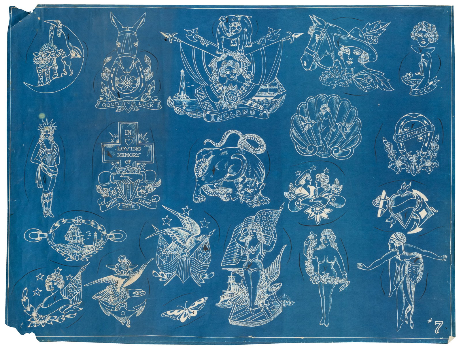 WATERS, Percy (American, 1888-1952). Blueprint Tattoo Flash with an English Bulldog above a Nautical (1 of 1)