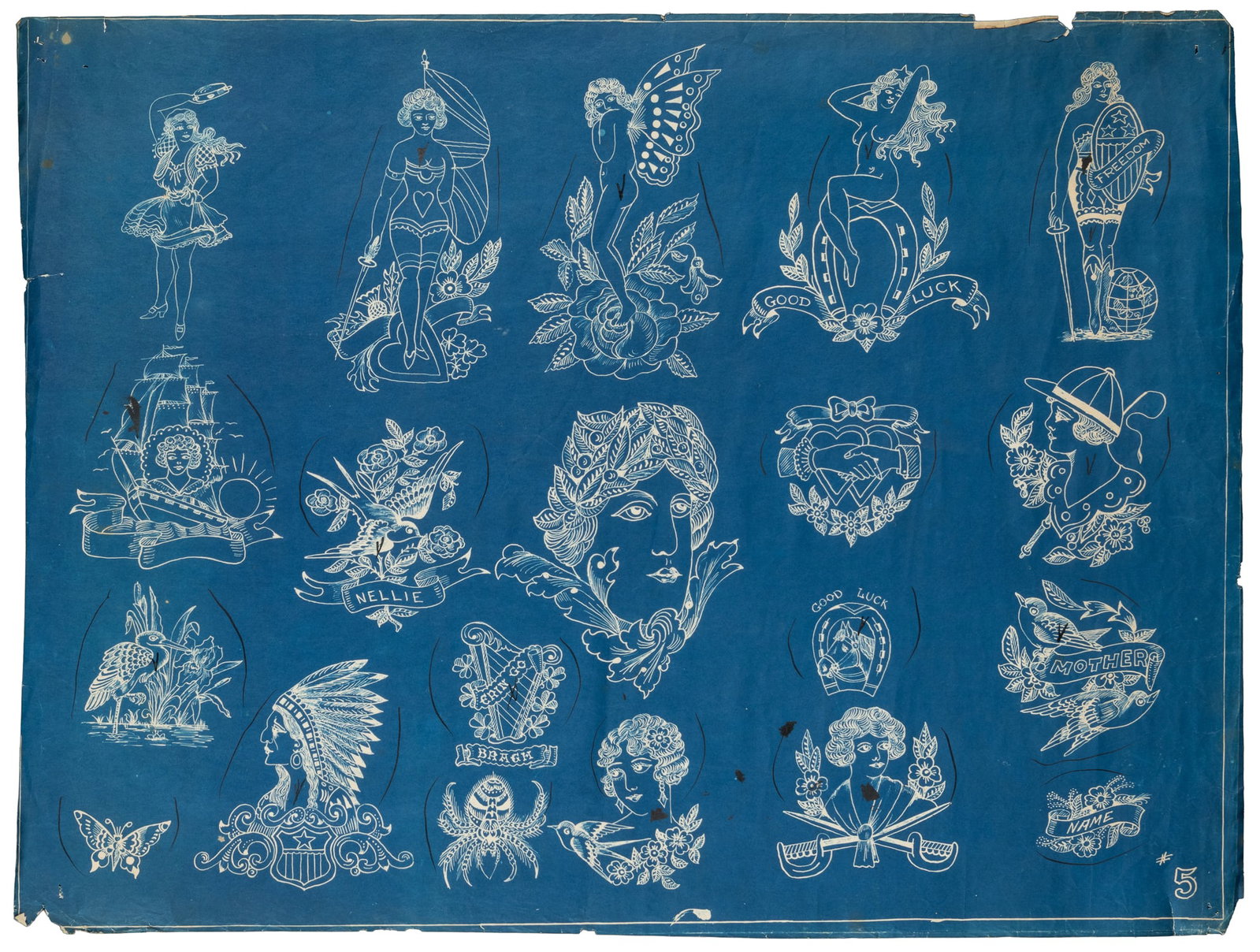 WATERS, Percy (American, 1888-1952). Blueprint Tattoo Flash with Butterfly Woman, Heron in a Marsh,: WATERS, Percy (American, 1888-1952). Blueprint Tattoo Flash with Butterfly Woman, Heron in a Marsh, and Other Designs. Circa 1920s. Inscribed: #5. 18 x 24". Percy Waters was a key figure in modern tat