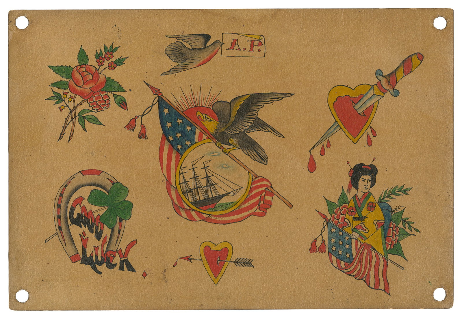[TATTOO]. POFERL, Edward (Austrian-American, 1879-1943). Seven Design Tattoo Flash Sheet by (1 of 1)