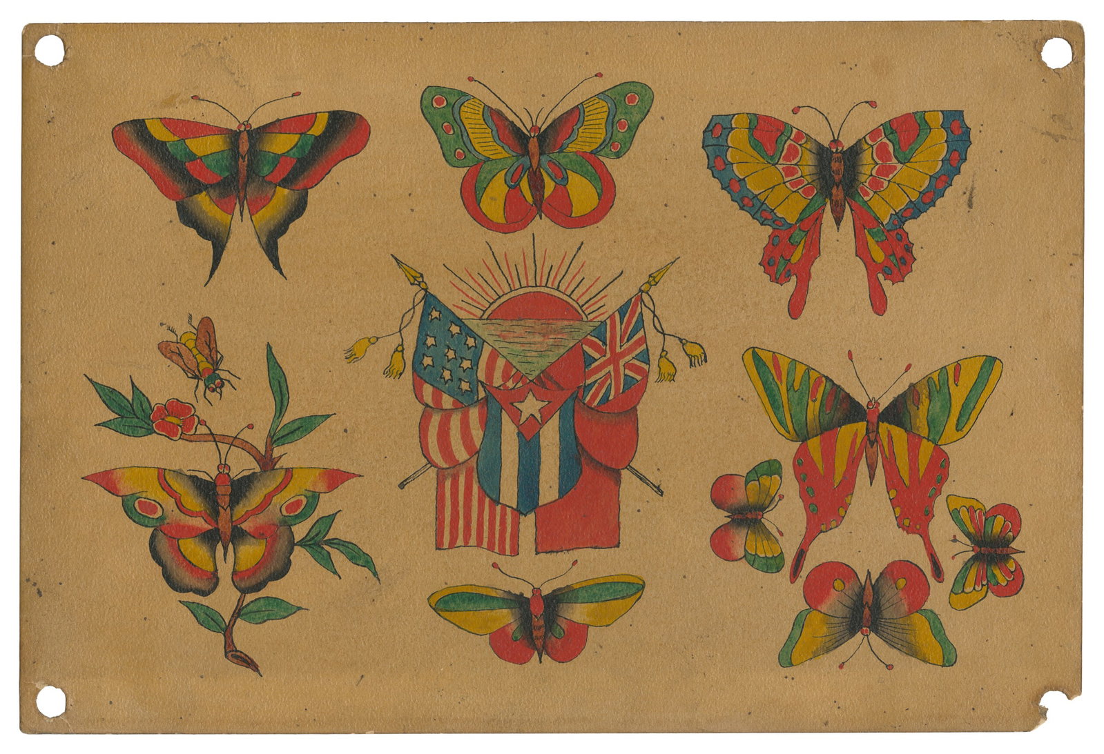 [TATTOO]. POFERL, Edward (Austrian-American, 1879-1943). Seven Hand-Colored Butterfly Flash Design (1 of 2)