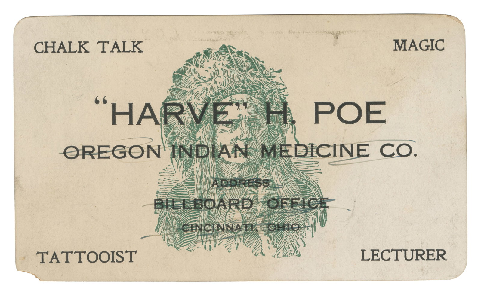 Harve Poe Tattooist Jumbo Business Card and ALS.: Harve Poe Tattooist Jumbo Business Card and ALS. Lake Luzerne, NY, ca. 1930s. Oversized business card for the magician, tattooist, chalk talk performer, and lecturer "Harve" H. Poe, the recto printed 