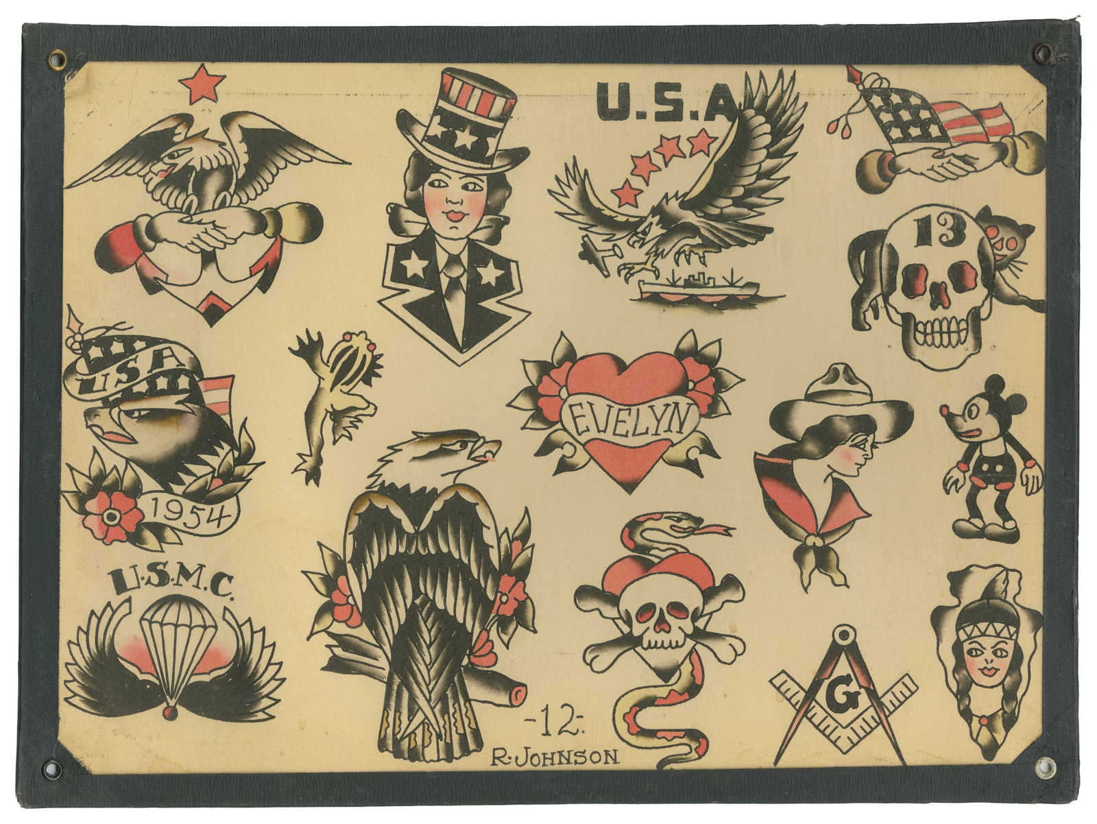 [TATTOO]. JOHNSON, Ralph J. (American, active 1950s). 15 Design Patriotic Flash Sheet. [Long Beach], (1 of 2)