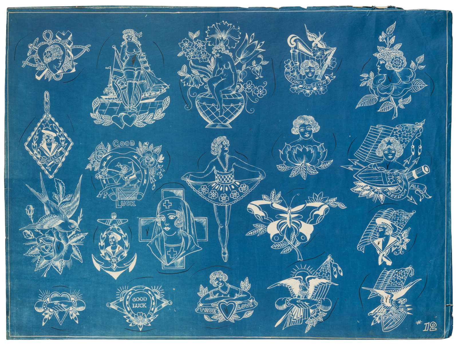 WATERS, Percy (American, 1888-1952). Blueprint Tattoo Flash with Good Luck, Nautical, and Pin-up (1 of 1)