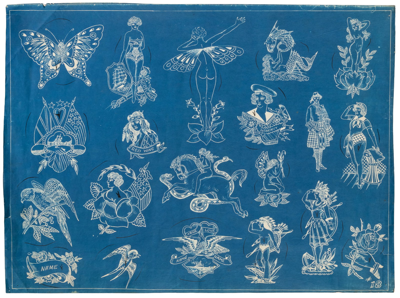 WATERS, Percy (American, 1888-1952). Blueprint Tattoo Flash with Butterfly, Scottish, and Other (1 of 1)