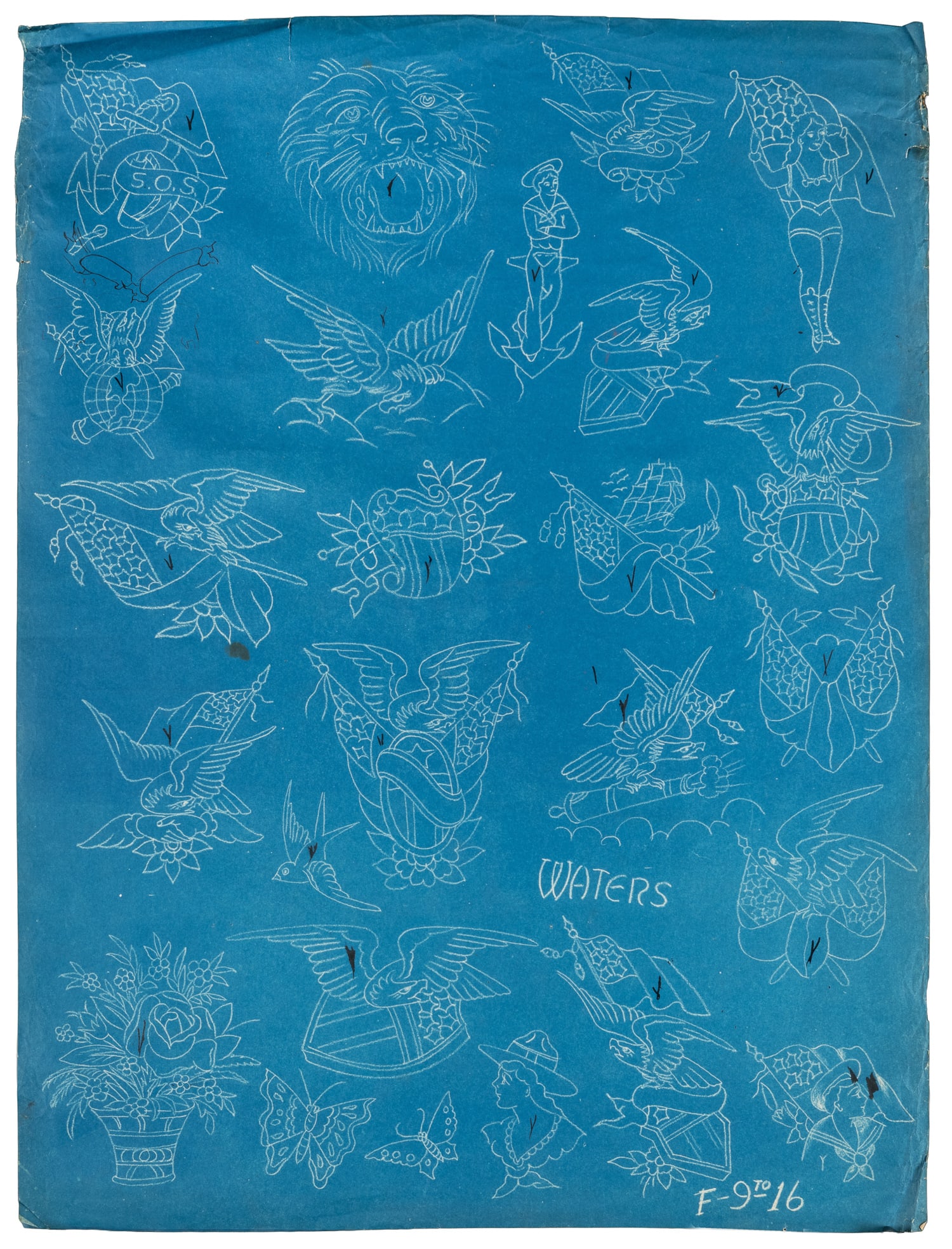 WATERS, Percy (American, 1888-1952). Blueprint Tattoo Flash with Eagles, a Lion's Head, Vase of: WATERS, Percy (American, 1888-1952). Blueprint Tattoo Flash with Eagles, a Lion's Head, Vase of Flowers, and Other Designs. Circa 1920s. Signed in image. Inscribed: F-9 to 16. 24 x 18". Percy Waters w