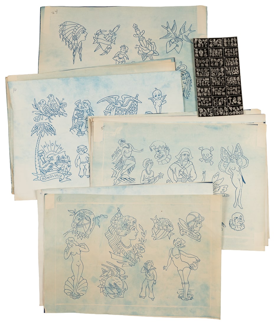 18 Sheets of Percy Waters Tattoo Flash Designs. Circa mid-20th century. (1 of 4)