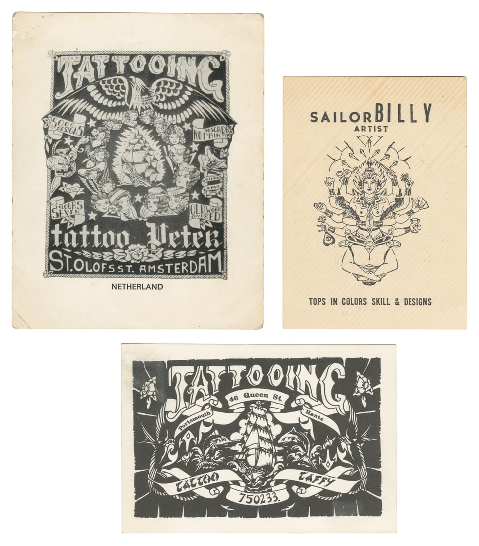 Three International Tattoo Shop Business Cards. Early to mid 20th century.: Three International Tattoo Shop Business Cards. Early to mid 20th century. Three black-and-white illustrated business cards for tattoo shops located in Amsterdam, South Brisbane, and Portsmouth. 6 x 4
