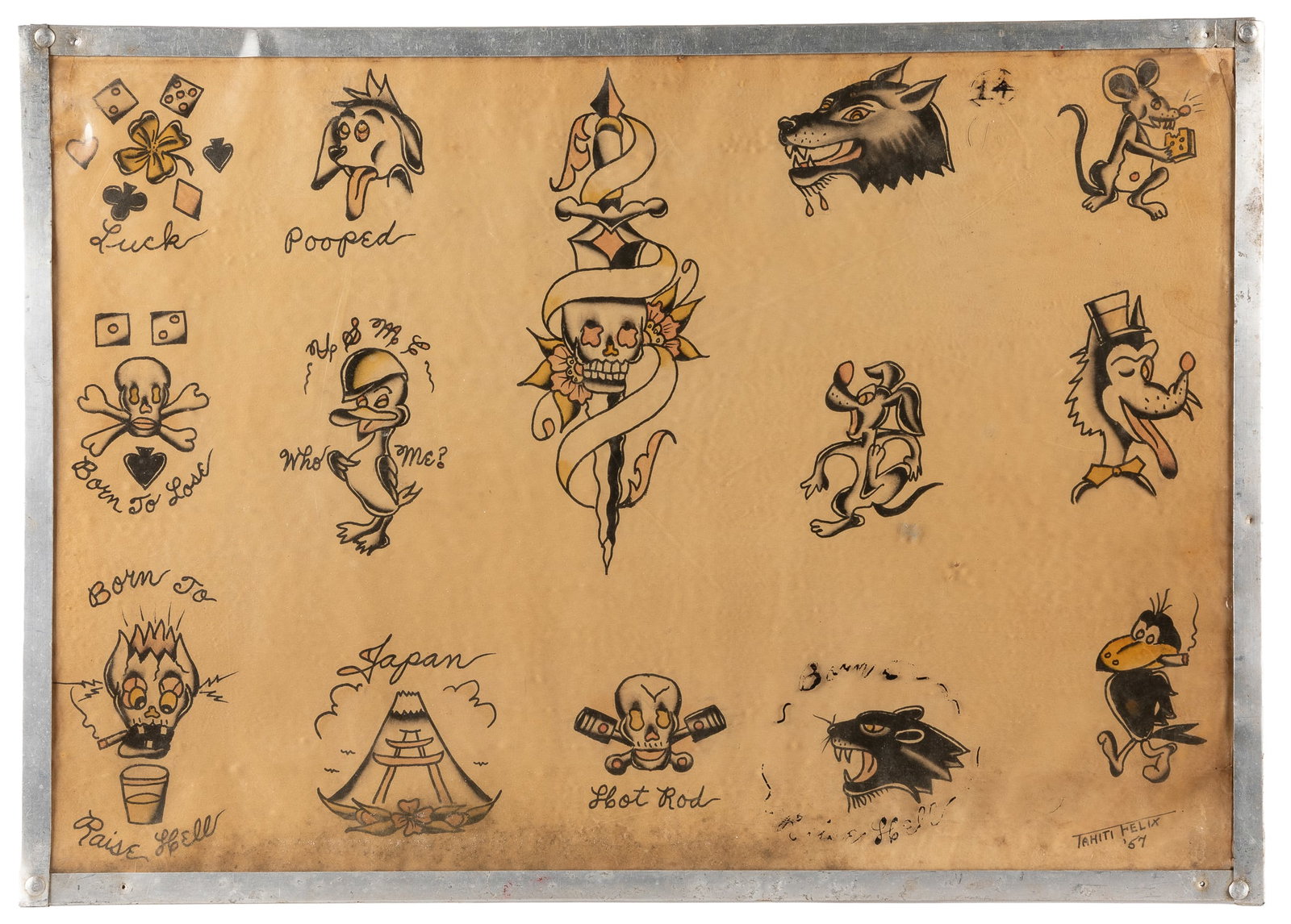 Tahiti Felix Fourteen Design Flash Sheet, Tahiti Felix Tattoo Studio, 1957.: LYNCH, Felix (American, 1912 - 1984). Tahiti Felix Fourteen Design Flash Sheet. Tahiti Felix Tattoo Studio, 1957. Fourteen original ink and watercolor designs on board, in the American traditional sty
