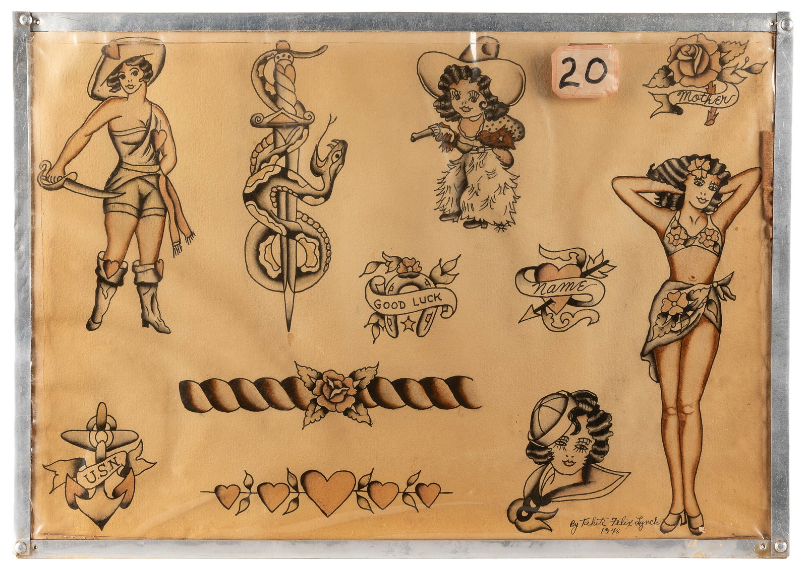 Tahiti Felix Larger-Scale Naval Tattoo Flash Sheet. [San Diego], 1948. (1 of 1)