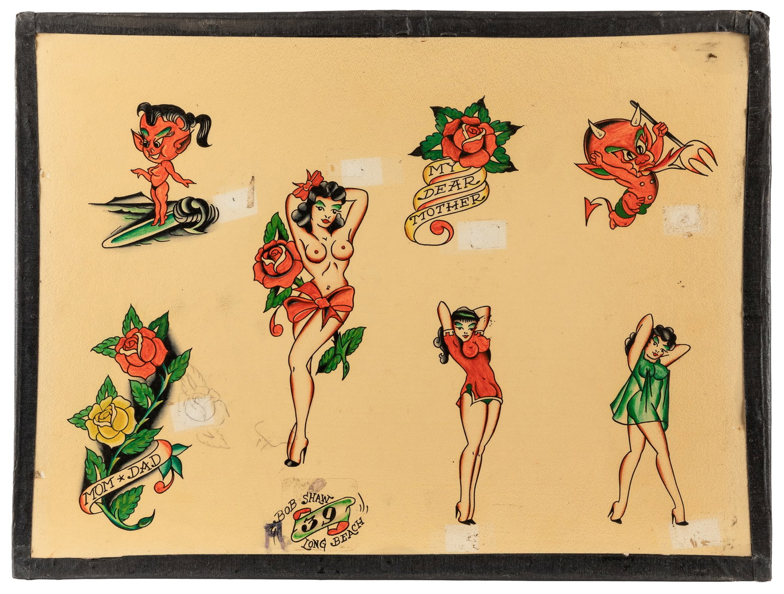SHAW, Bob (American, 1926-1993). Seven Design Tattoo Flash Sheet. Long Beach, mid 20th century.: SHAW, Bob (American, 1926-1993). Seven Design Tattoo Flash Sheet. Long Beach, mid-20th century. Seven hand-colored flash designs featuring pinups, floral dedication tattoos, and devil/imp designs. She