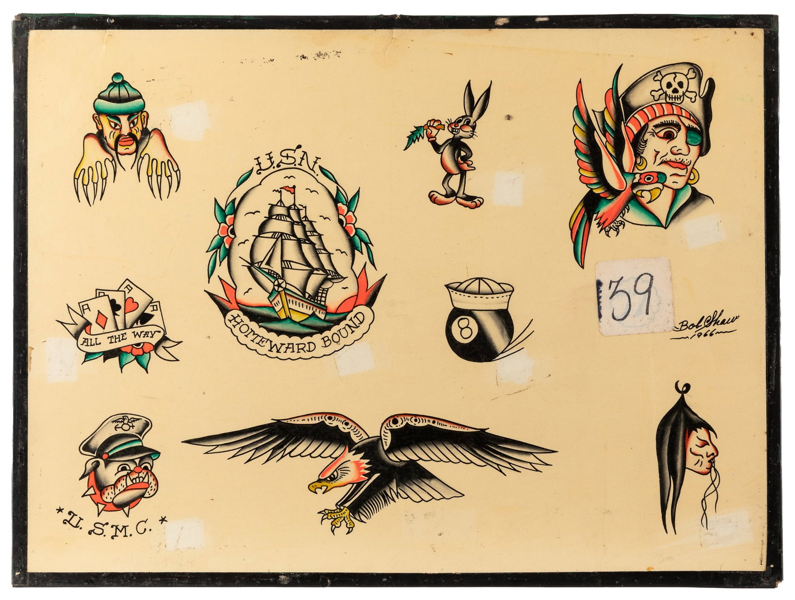 SHAW, Bob (American, 1926-1993). Nine Sailor Design Tattoo Flash Sheet. Long Beach, 1966.: SHAW, Bob (American, 1926-1993). Nine Sailor Design Tattoo Flash Sheet. Long Beach, 1966. Nine hand-colored American Traditional designs on board featuring marine motifs. Sheet marked F10. Signed to t