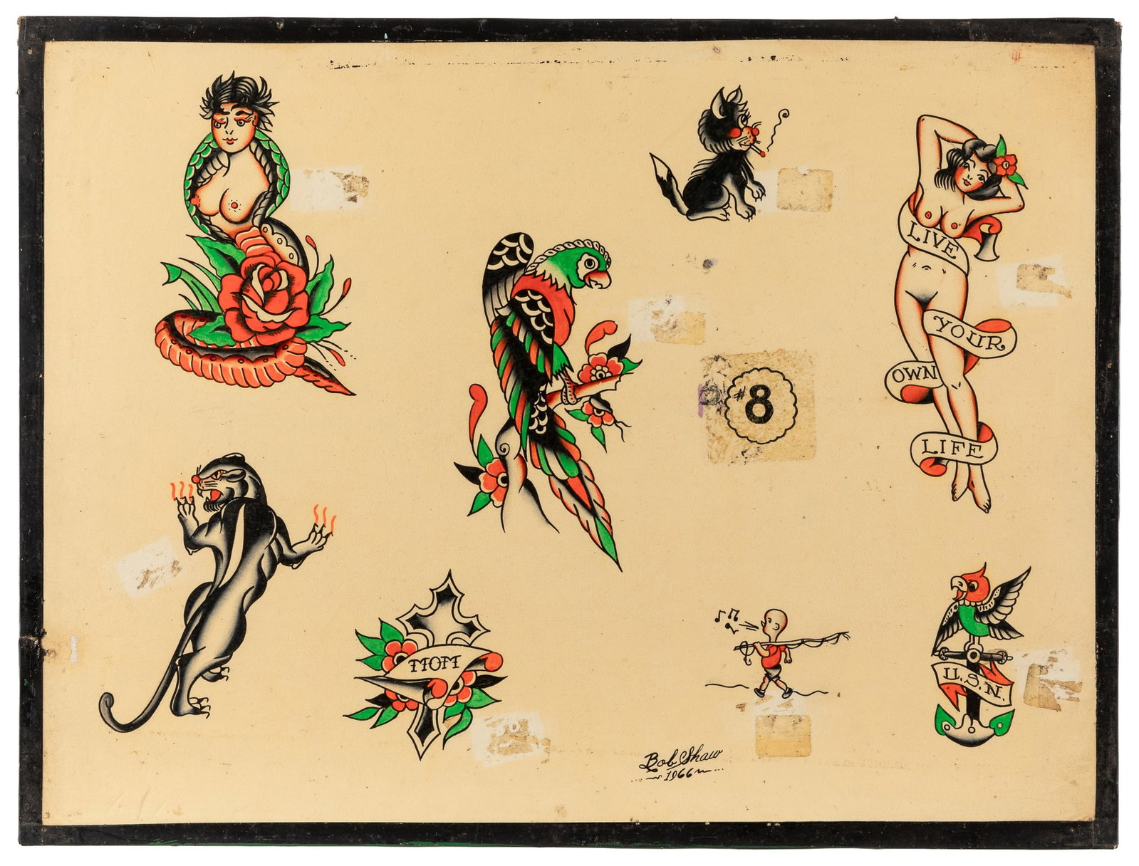 SHAW, Bob (American, 1926-1993). Eight Sailor Design Tattoo Flash Sheet. Long Beach, 1966. (1 of 1)
