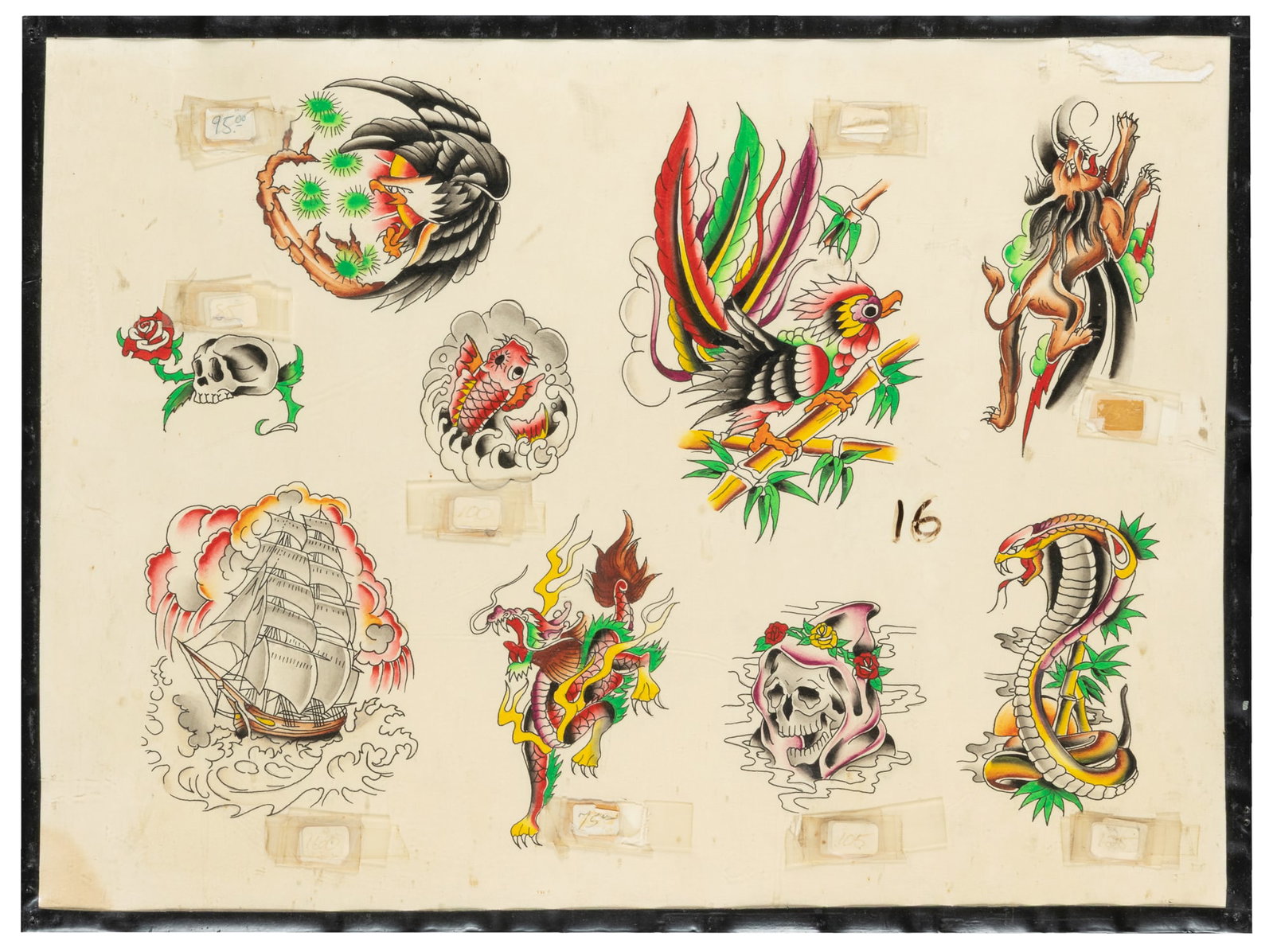 GIBSON, Dave (American, active 1980s- 2019). Early Career Nine Design Flash Sheet.: GIBSON, Dave (American, active 1980s- 2019). Early Career Nine Design Flash Sheet. [Long Beach Pike], before 1982. Ink and watercolor flash sheet with nine original designs influenced by traditional J