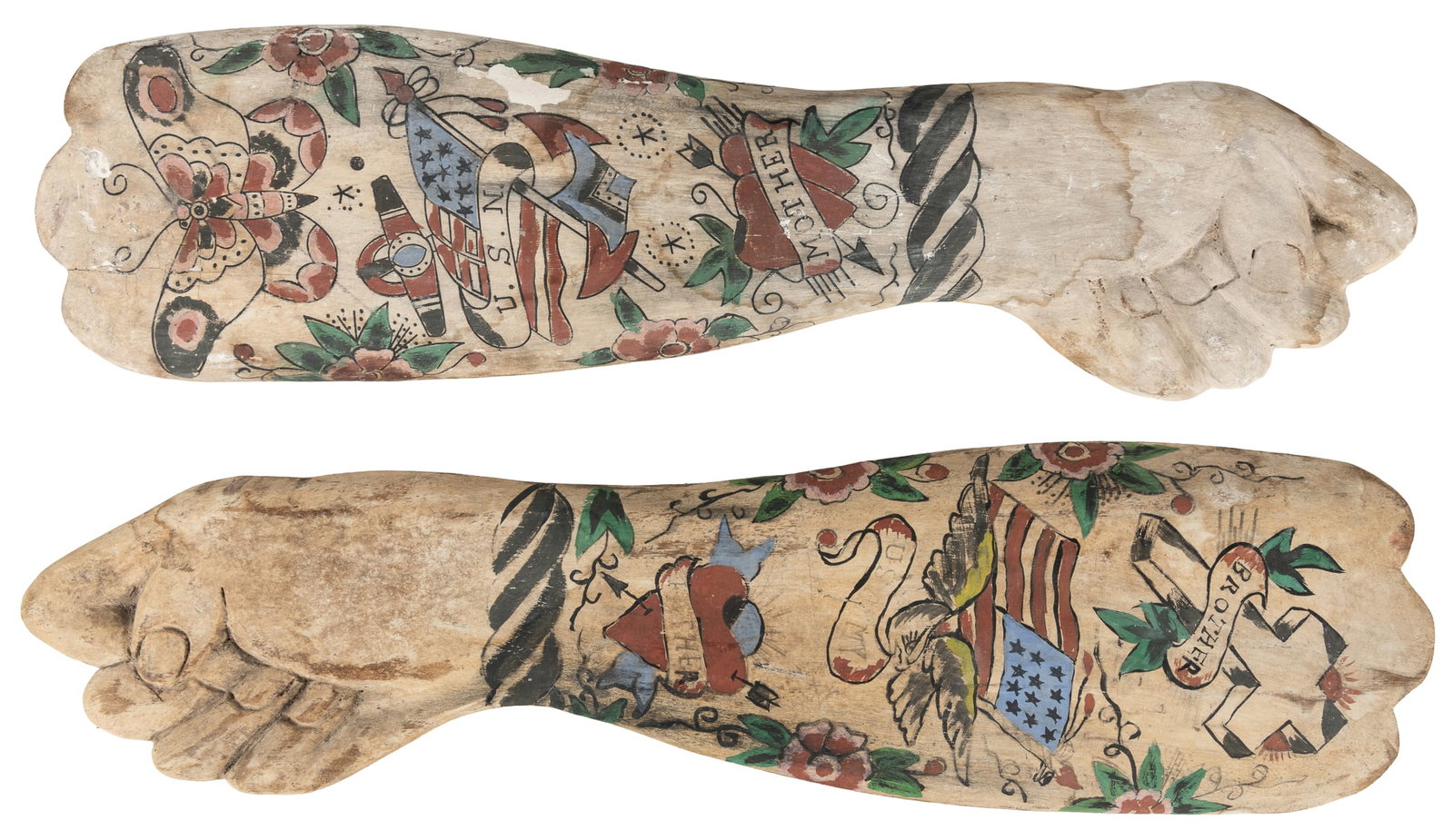 Pair of Carved and Polychromed Tattooed Arms. (American, Late 20th Century). Artist Unknown.: Pair of Carved and Polychromed Tattooed Arms. American, Late 20th Century. Artist Unknown. Each approximately 30 1/2 x 9 x 1 1/2".