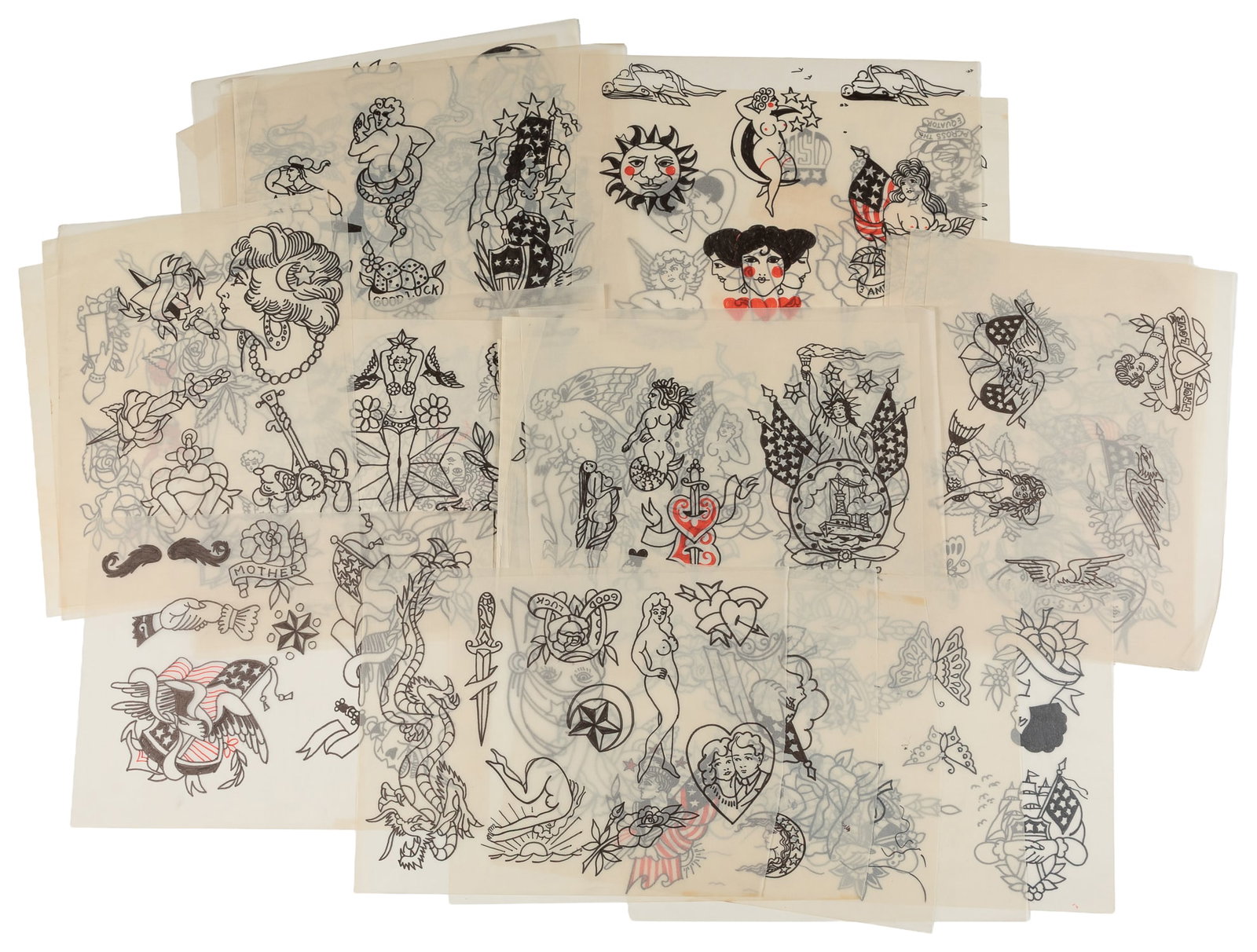 [TATTOO]. Group of 34 Tattoo Designs on Tracing Paper. 20th century. (1 of 1)