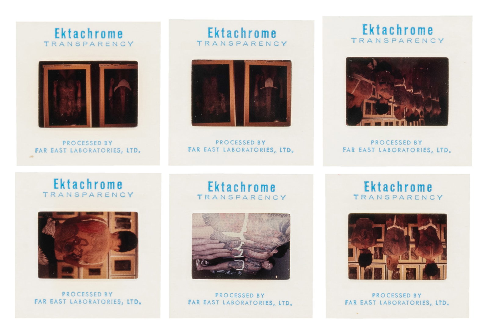 Irezumi Tattoo Exhibition Photo Slides. Paris, 1970.: Irezumi Tattoo Exhibition Photo Slides. Paris, 1970. Six Ektachrome transparencies featuring color images of individuals on display during a September 1970 Paris Irezumi tattoo exhibition. Different b