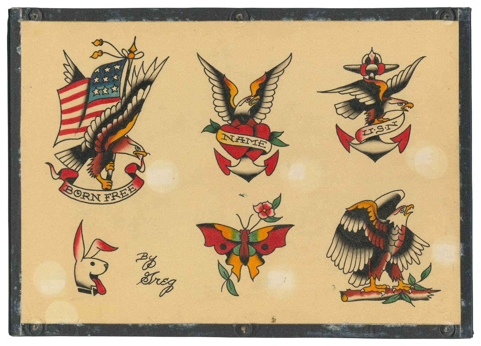 [TATTOO]. MAY, Greg (American, 1945-2001). Patriotic Six Design Flash Sheet. Lake Geneva Tattoo:: [TATTOO]. MAY, Greg (American, 1945-2001). Patriotic Six Design Flash Sheet. Lake Geneva Tattoo: Wisconsin, mid to late 20th century. Original ink and watercolor flash on illustration board with six m