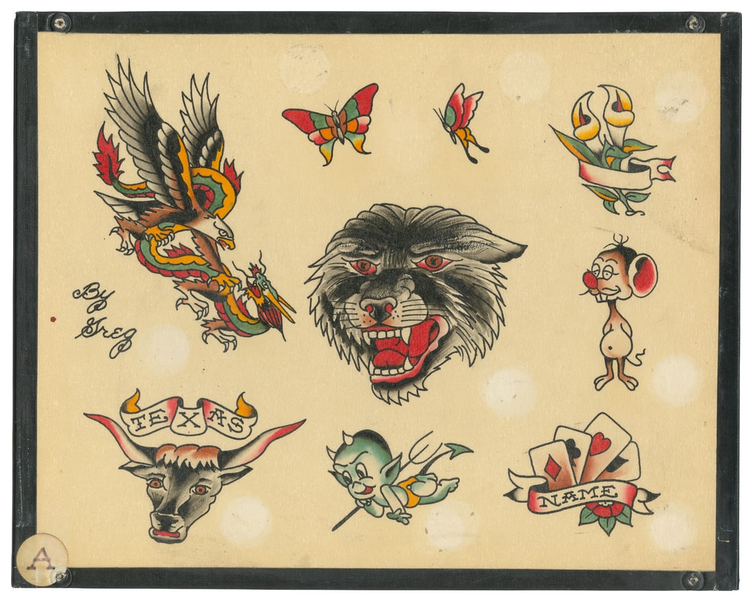[TATTOO]. MAY, Greg (American, 1945-2001). Nine Design Tattoo Flash Sheet. Lake Geneva Tattoo: (1 of 2)
