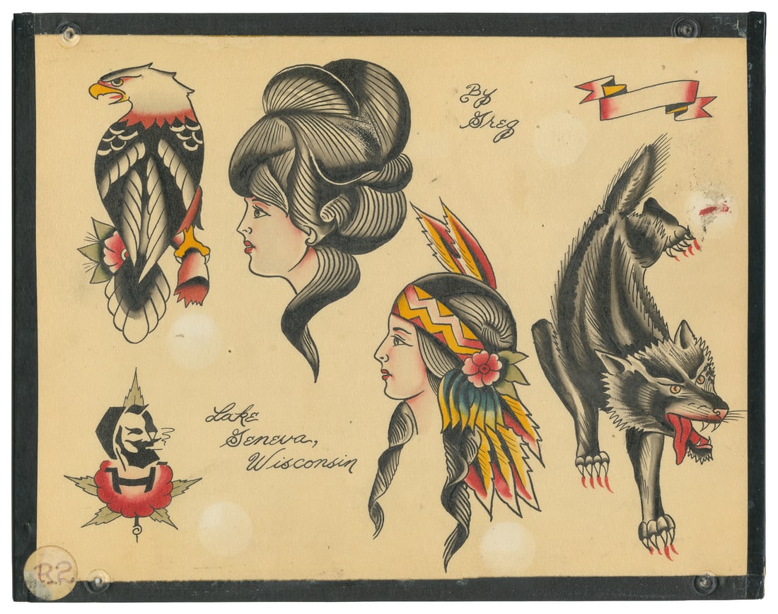 [TATTOO]. MAY, Greg (American, 1945-2001). Six Design Tattoo Flash Sheet. Lake Geneva Tattoo: (1 of 2)
