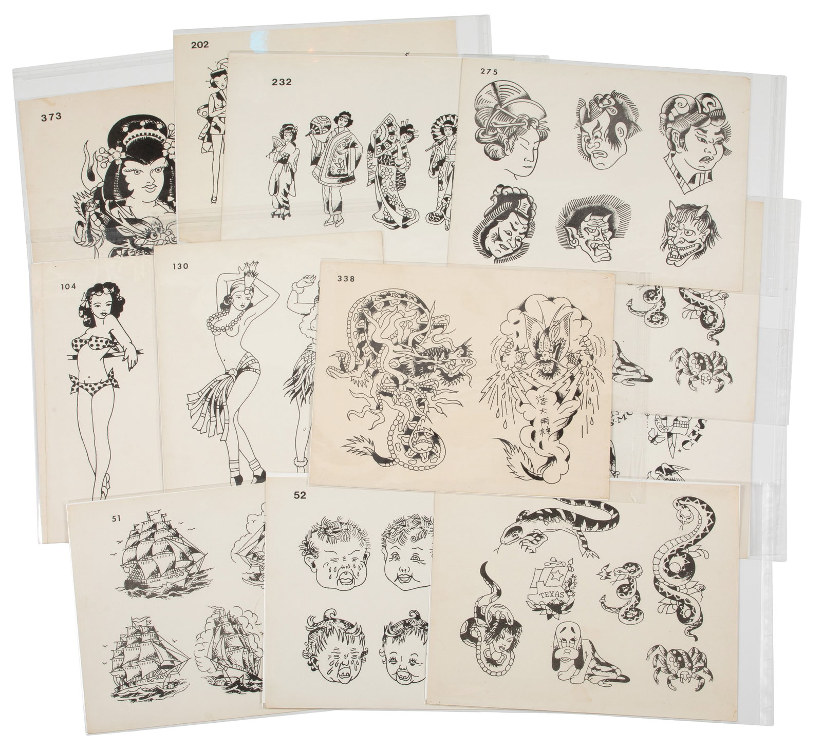 [TATTOO]. Large group of tattoo flash and ephemera.: [TATTOO]. Large group of tattoo flash and ephemera. Including: A group of over 100 sheets of tattoo flash, many hand-colored and copyrighted by Spaulding & Rogers (copyrighted 1970s-80s, but Xeroxed a