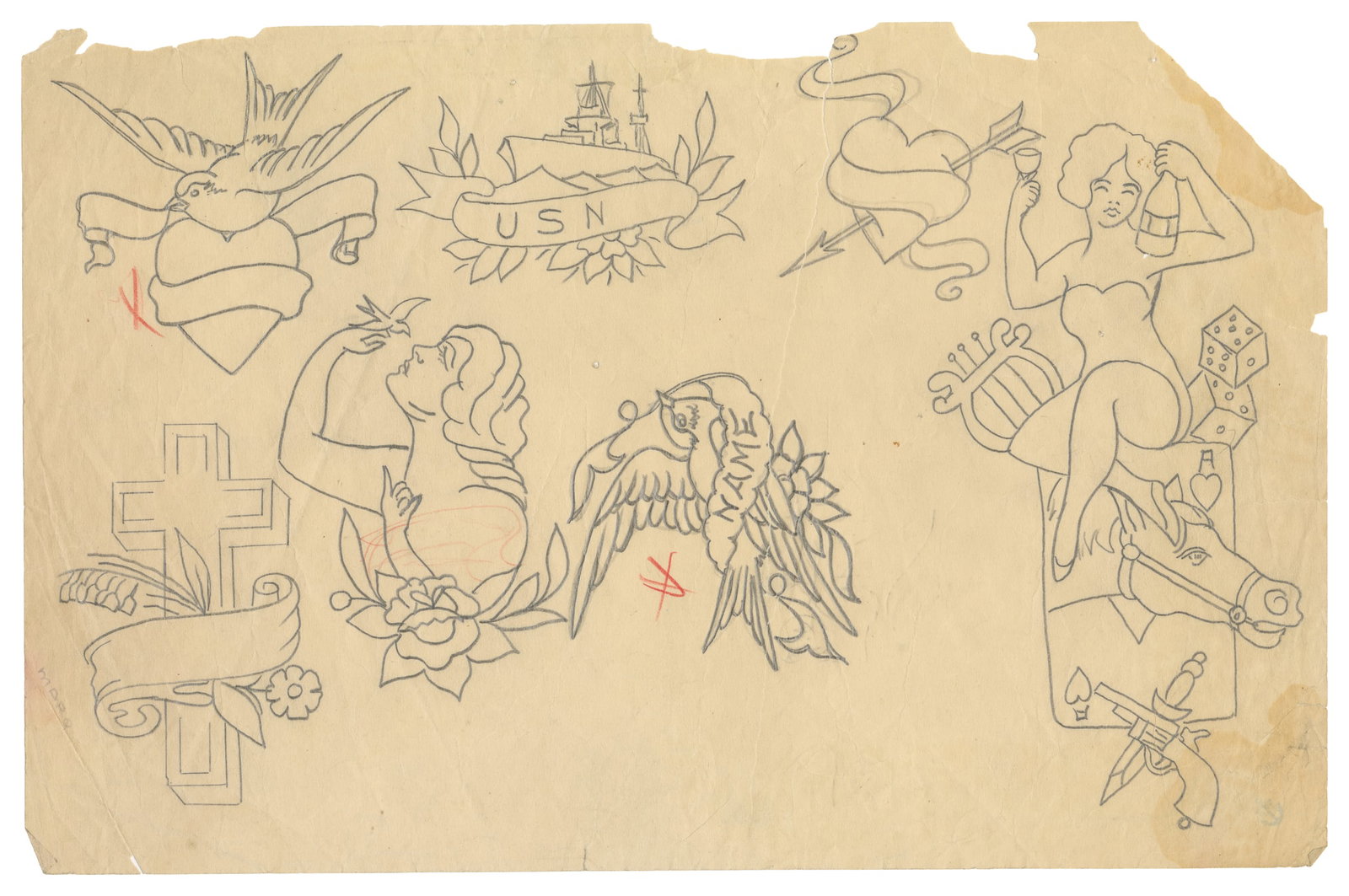 MARQUAND, Fred (American, 1905-1988). Original Seven Design Flash Sheet. [Washington], early to mid: MARQUAND, Fred ( American, 1905 -1988). Original Seven Design Flash Sheet. [Washington], early to mid 20th century. Seven graphite designs on paper featuring naval motifs and banner designs in the Ame
