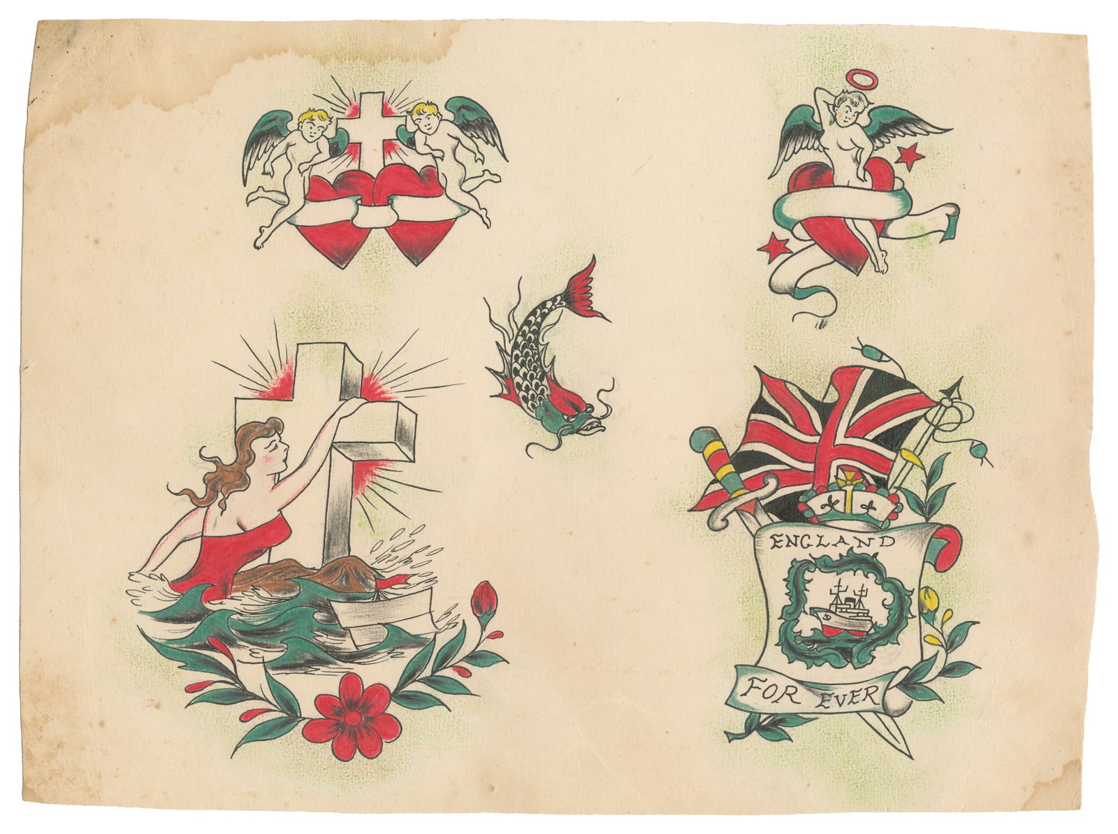 [ TATTOO]. Hand-Colored Flash Sheet featuring Patriotic and Religious Motifs. The Swallow Tattoo (1 of 2)