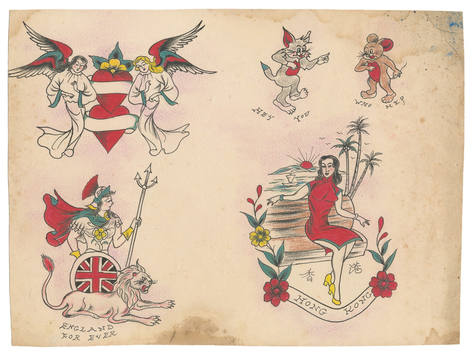 Seven Design Original Tattoo Flash Sheet. The Swallow Tattoo Studio: Hong Kong, ca. late 20th (1 of 2)