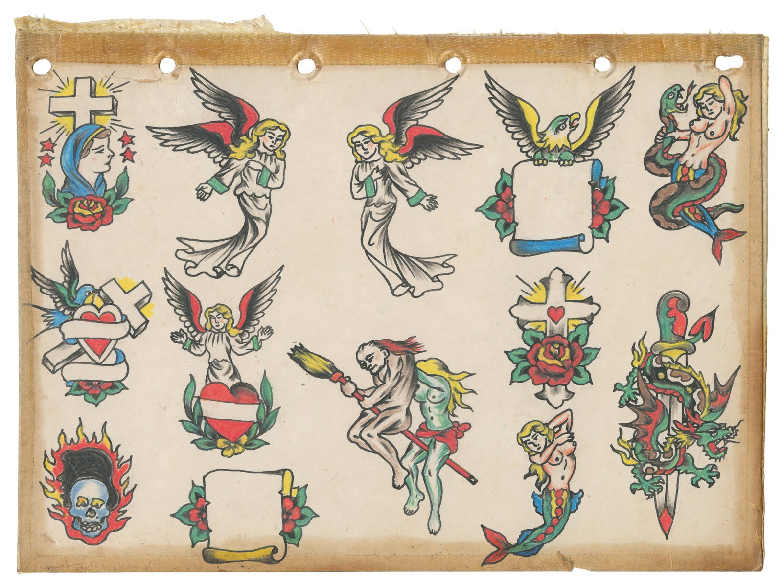 [TATTOO]. Twenty Five Design Double-Sided Original Flash Sheet. The Swallow Tattoo Studio: Hong: [TATTOO]. Twenty-Five Design Double-Sided Original Flash Sheet. The Swallow Tattoo Studio: Hong Kong, ca. late 20th century. Original double-sided flash sheet with 25 hand-colored designs in the tradi