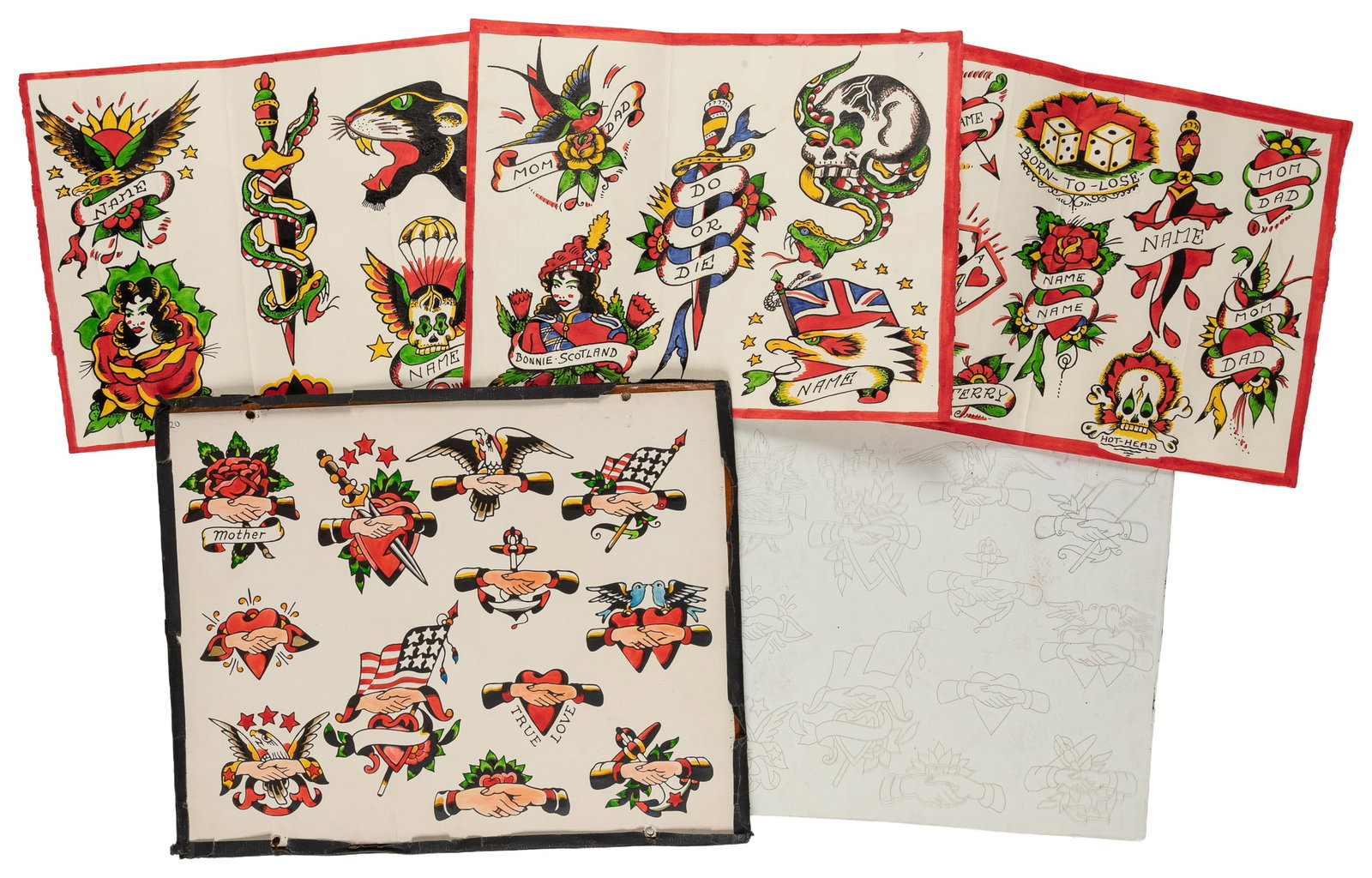 [TATTOO]. A Tattoo Acetate and 4 Tattoo Flash Sheets, 3 Original.: [TATTOO]. A Tattoo Acetate and 4 Tattoo Flash Sheets, 3 Original. The first, a laminated sheet backed on cardboard and taped around the edges, featuring a clasped-hands motif with hand-painted accents