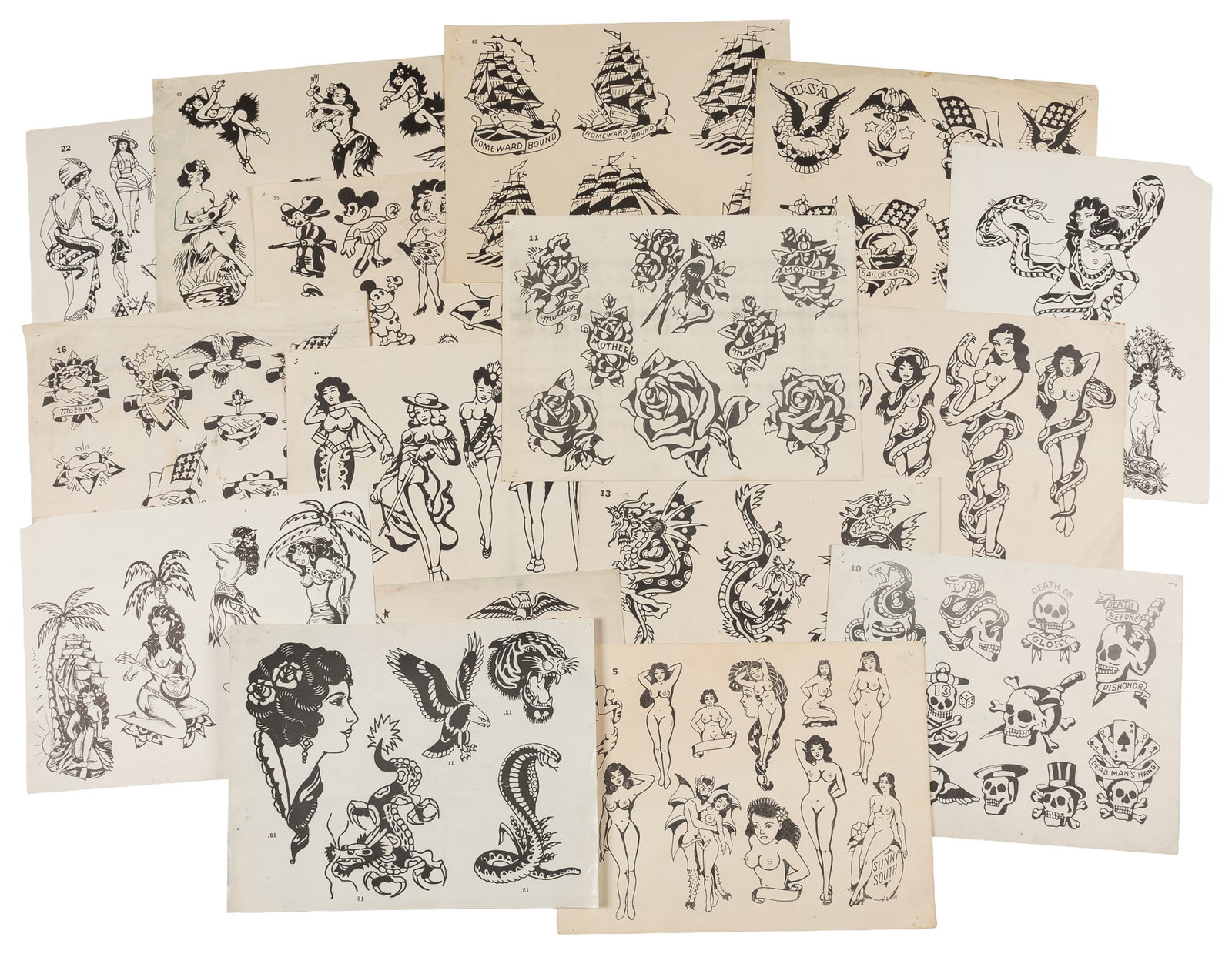[TATTOO]. Group of 19 Tattoo Flash Prints. 20th century.: [TATTOO]. Group of 19 Tattoo Flash Prints. 20th century. Majority (if not all) of the designs are by Sailor Mosko and feature Popeye, Betty Boop, and other cartoons; nautical motifs; skulls; Hawaiian 