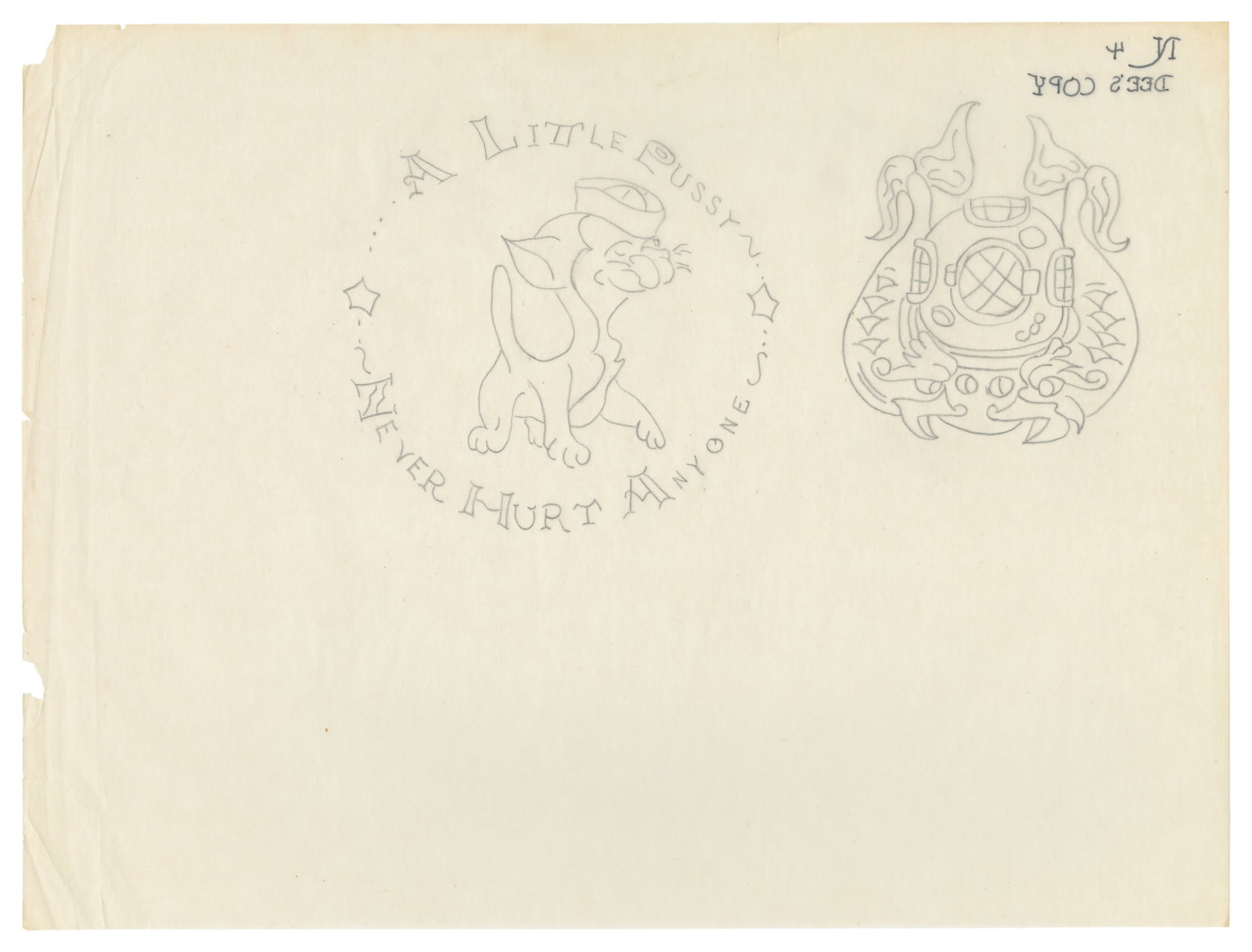 [TATTOO]. "A Little Pussy Never Hurt Anyone" Hand-Drawn Tattoo Stencil. Portland, 1980s. (1 of 1)