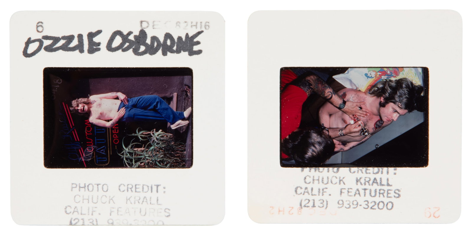 [TATTOO]. OSBOURNE, Ozzy (English, 1948 - 2025). Six Press Photography Slides, Including Sunset (1 of 3)