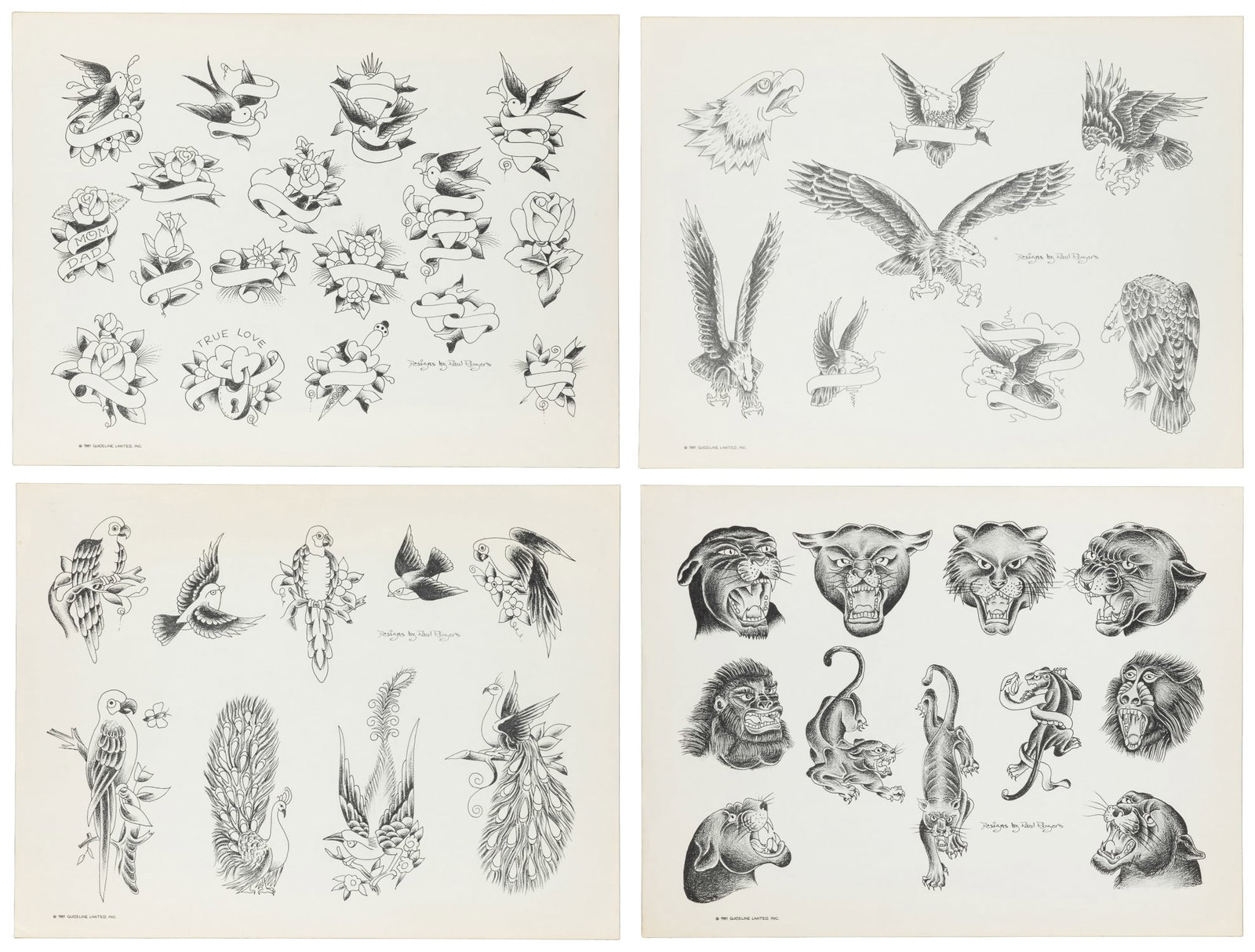 ROGERS, Paul (American, 1905-1990). Four Printed Tattoo Flash Sheets. Guideline Limited, 1981. (1 of 5)