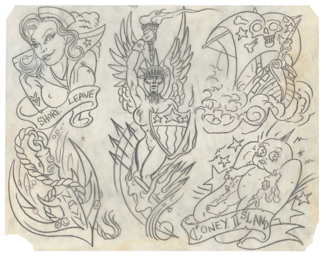 [TATTOO]. Original Dan Higgs and Eddy Deutsche Flash Sheet with Higgs Band Poster. American, 21st (1 of 2)