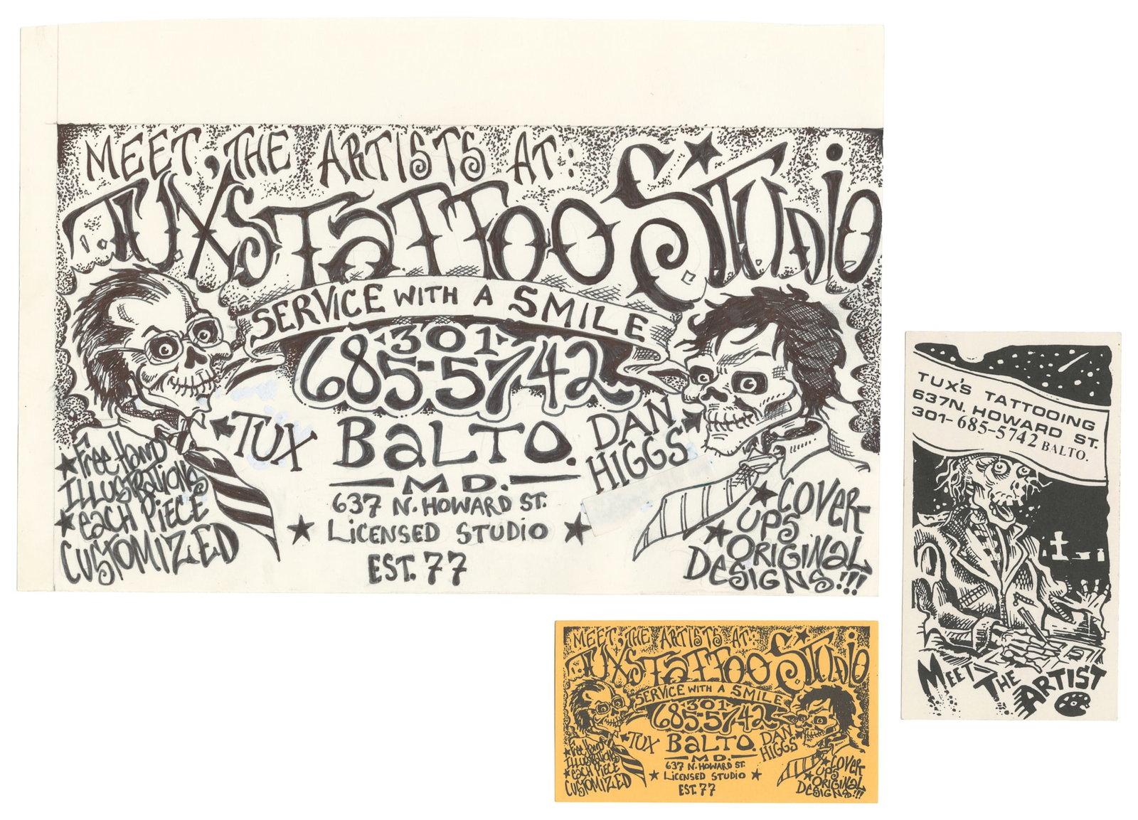 HIGGS, Dan, and FARRAR, Tux. "Meet The Artists" Hand-Drawn Business Card Maquette and Original Shop: HIGGS, Dan (American), FARRAR, Tux (American). "Meet The Artists" Hand-Drawn Business Card Maquette and Original Shop Ephemera. Baltimore: Tux's Tattoo Studio, 1980s. Original inked design on paper fo