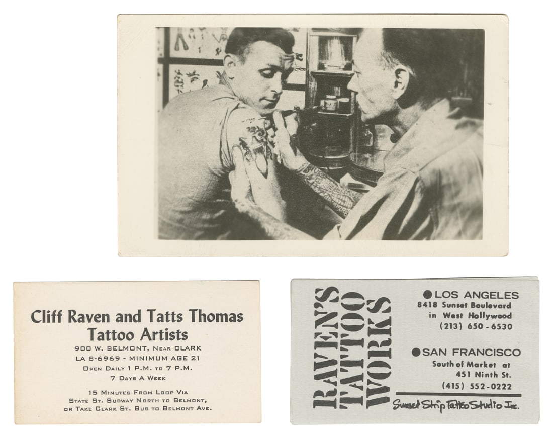 [TATTOO]. Cliff Raven and Tatts Thomas Shop Ephemera Trio. [Chicago/ California], late 20th century. (1 of 1)