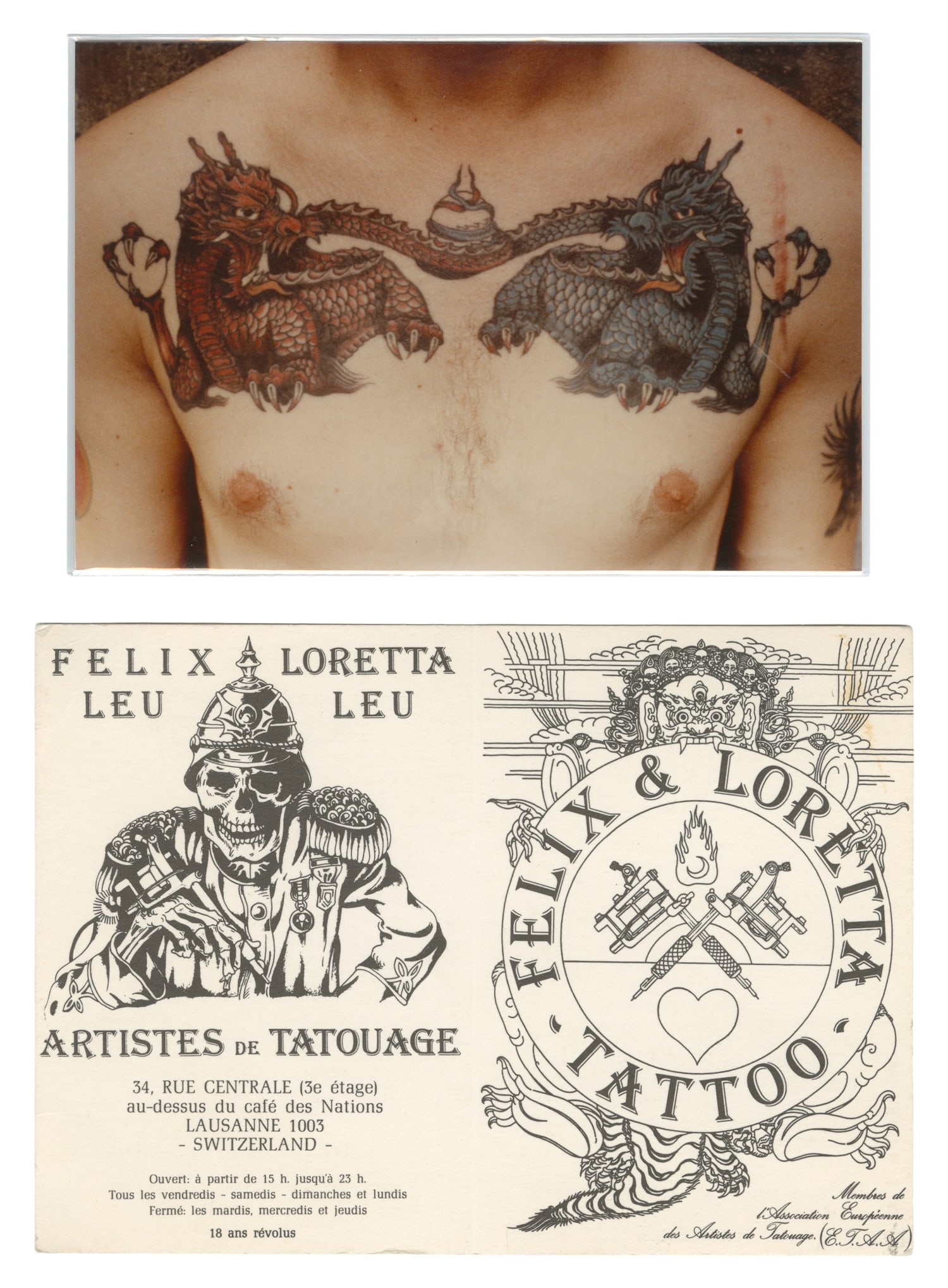 [TATTOO]. Felix and Loretta Leu Tattoo Business Card and Photograph. Switzerland, 1982-1983.: [TATTOO]. Felix and Loretta Leu Tattoo Business Card and Photograph. Switzerland, 1982-1983. First business card design from the namesake shop in Lausanne, Switzerland, of married, multi-faceted artis
