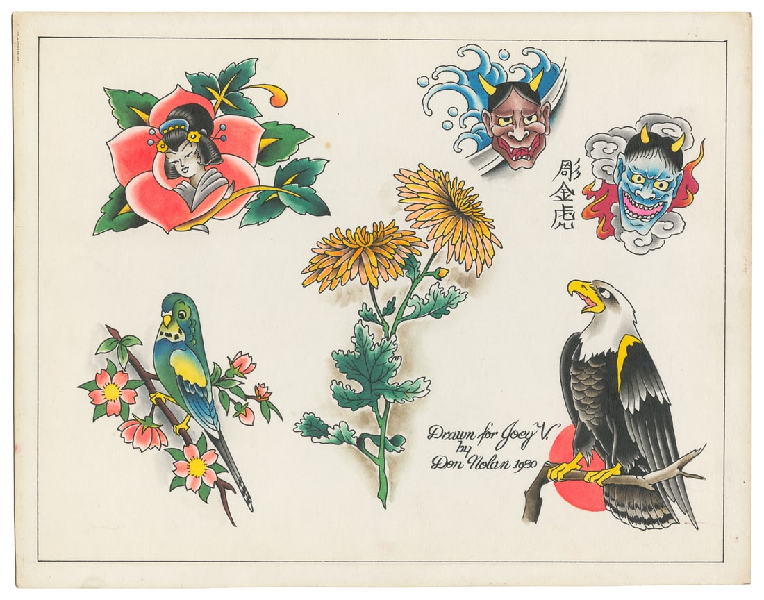 [TATTOO]. NOLAN, Don (American, 1938 - 2009). Hand-Colored Original Art Flash Sheet. American, 1980: [TATTOO]. NOLAN, Don (American, 1938 - 2009). Hand-Colored Original Art Flash Sheet. American, 1980. Original ink and watercolor flash sheet from American tattoo artist Don Nolan, featuring six design